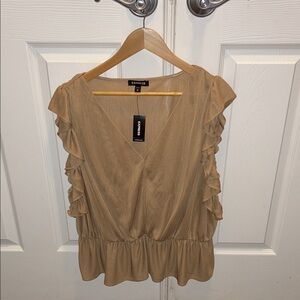 Express Tan Ruffle Sleeve V-Neck Peplum Top- NWT